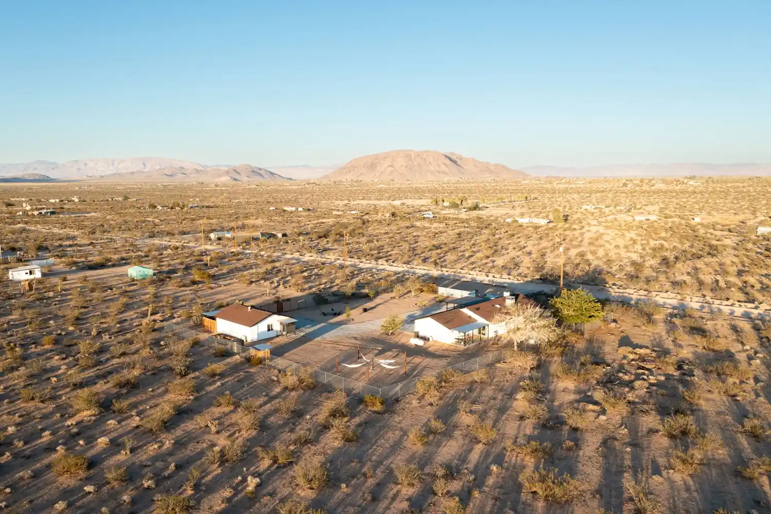 Aerial view of a private five-acre retreat property in Landers, California