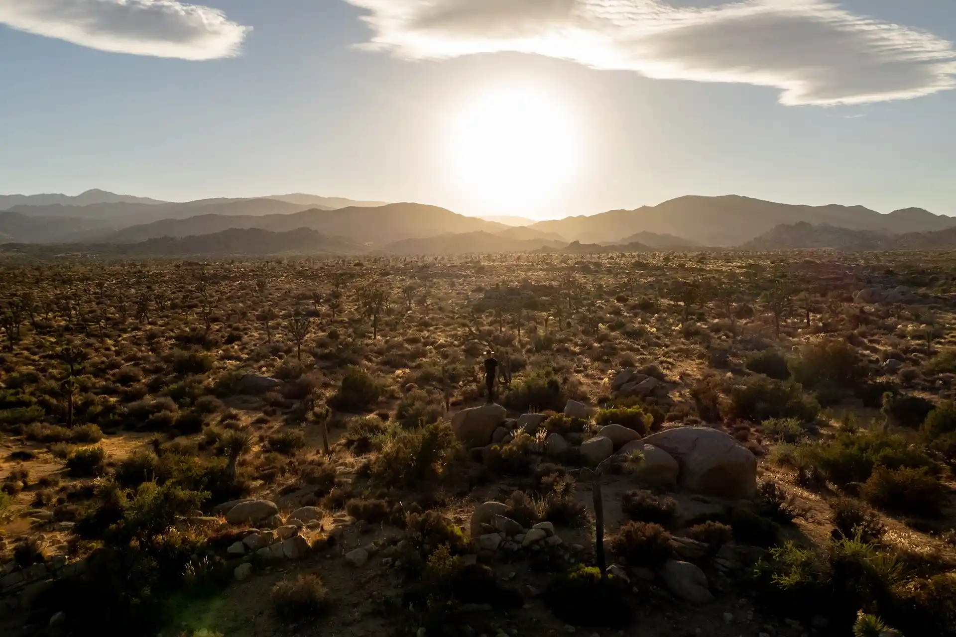 Panoramic sunset over Joshua Tree desert mountains and wilderness near Camp Vortex Retreats, California.